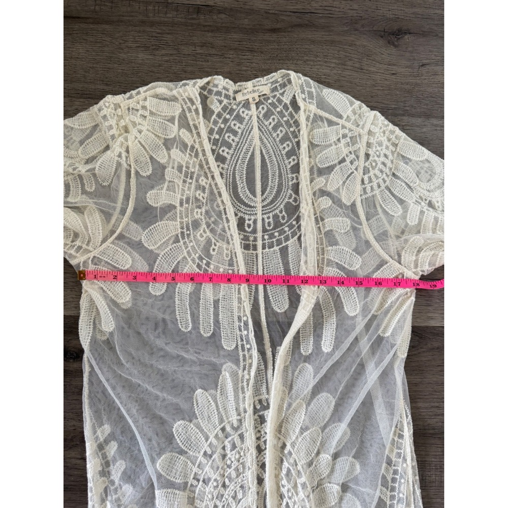 Rebellion Lace Kimono Cardigan Ivory Embroidered Duster Boho Cover-Up Size Small - Picture 11 of 11